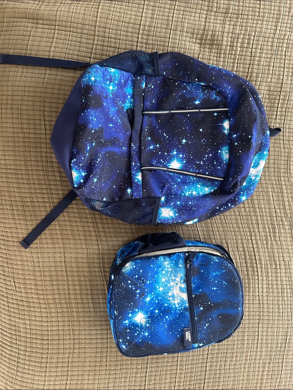 Lands' End Galaxy Print Blue Backpack with Matching Lunch Bag